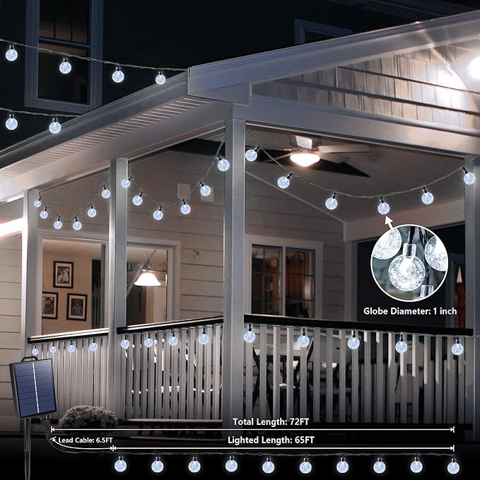 Joomer Solar String Lights Outdoor, 65FT 100LED Globe String Lights 8 Lighting Modes, Waterproof Solar Powered Patio Light for Garden Yard Porch Wedding Party Outdoor Decor (White)