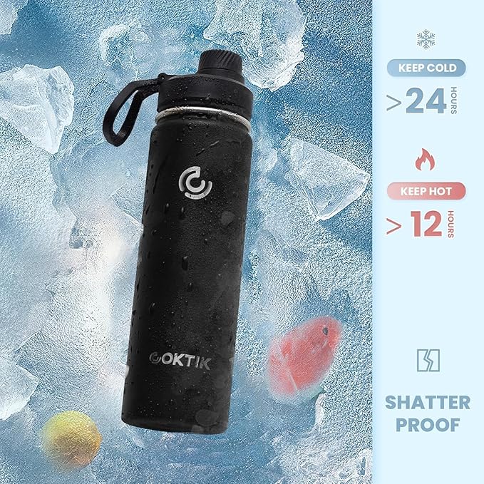 40 Pack 22 oz Sports Water Bottle With Straw,2 Lids, Stainless Steel Vacuum Insulated Water Bottles,Leakproof Lightweight, Keeps Cold and Hot, Great for Travel(Black)