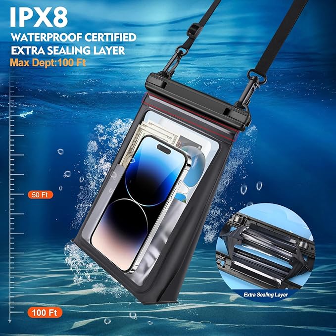 Large Floating Waterproof Phone Pouch [with Sealing Strip], Cell Phone Dry Bag for iPhone 17 16 15 14 13 Pro Max Galaxy Google All Devices, Float Waterproof Bag for Beach Vacation Black
