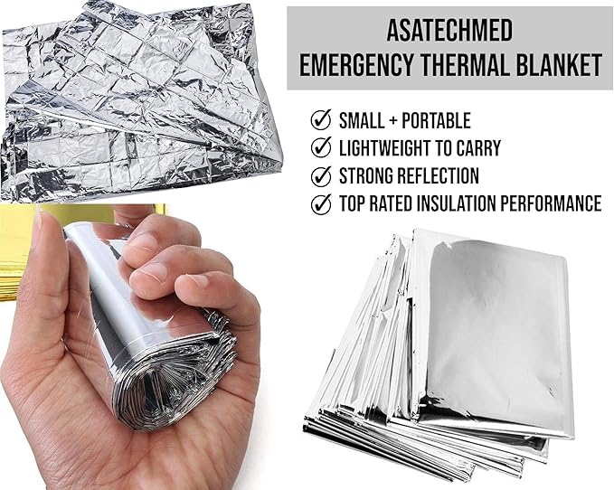 ASA TECHMED Emergency Mylar Thermal Blankets Bulk, Space Blanket Survival kit Camping Blanket, First Aid Kit for Outdoors, Survival, Hiking, Natural Disasters, First Aid, Marathons. 20 Pcs