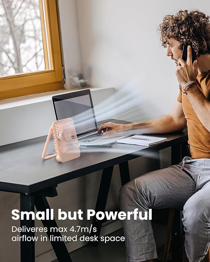 Koonie USB Desk Fan, Strong Wind Ultra Quiet Small Personal Fan with 180° Tilt Folding and 3 Speeds Adjustable, USB-C Corded Powered Mini USB Fan for Office Desktop Bedroom Pink, NO BATTERY