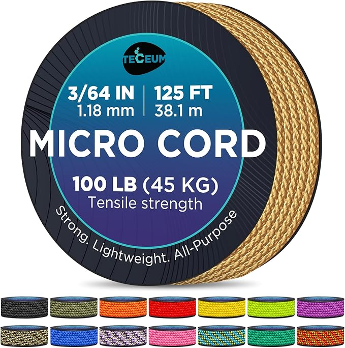 TECEUM Micro Paracord – 1.18 mm X 125 ft – Micro Utility Cord – Thin Braided Paracord Rope – Best for Crafting, DIY Projects, Fishing, Camping – Wind Chime Replacement – Survival Strong String