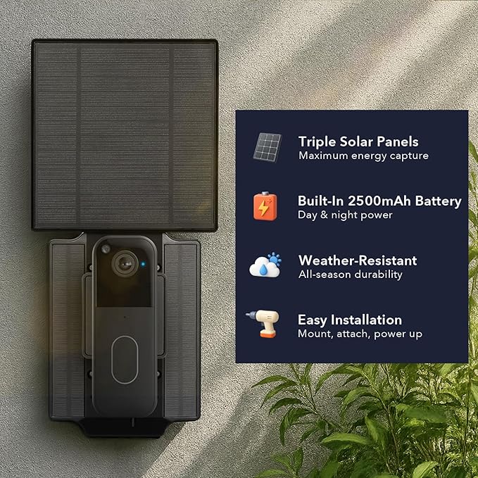 Wasserstein Solar Charger Compatible with Blink Video Doorbell (2nd Gen) – Triple Solar Panels with Built-in Battery, Continuous Power, Weather-Resistant, Easy Installation (Doorbell Not Included)