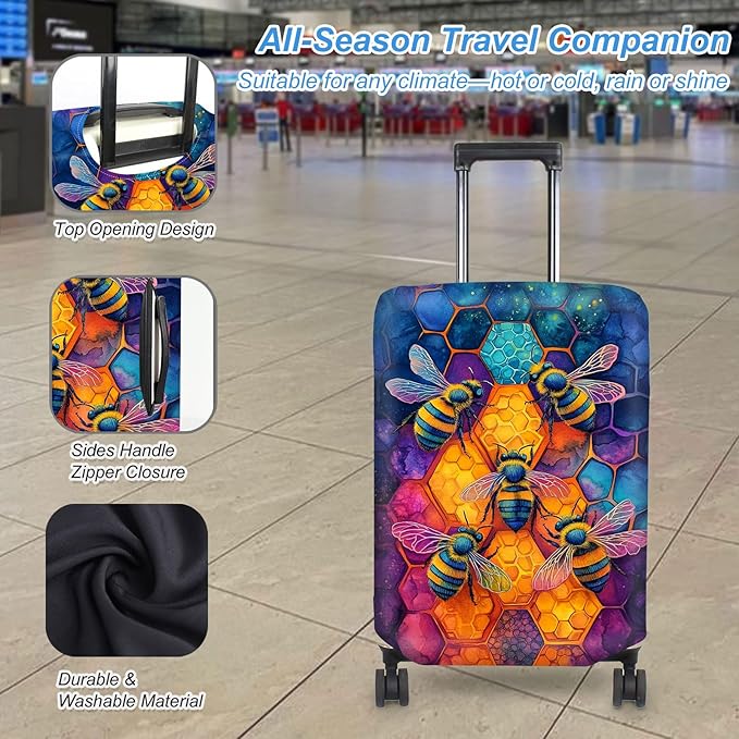 Luggage Cover Protector for 26-28 Inch Suitcases, TSA Approved Elastic Travel Suitcase Covers, Anti-Scratch Washable Luggage Sleeve for Carry On & Checked Bags, Illustration of Bees