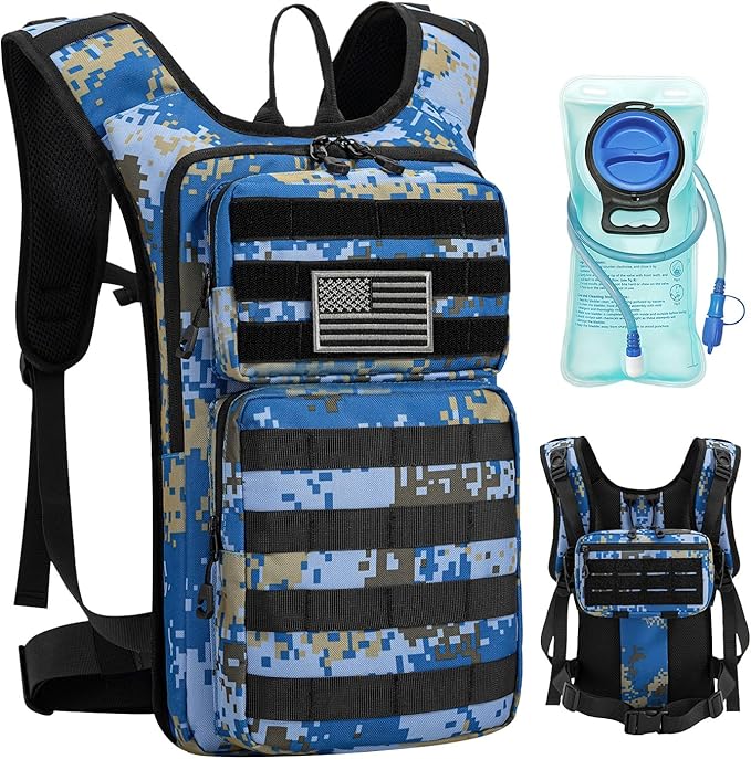 Koculemi Tactical Hydration Backpack with 2L Water Bladder and Front Small Tactical Pouch, Outdoor Water Backpack for Men Women, Sports Hydration Pack for Hiking, Cycling, Climbing