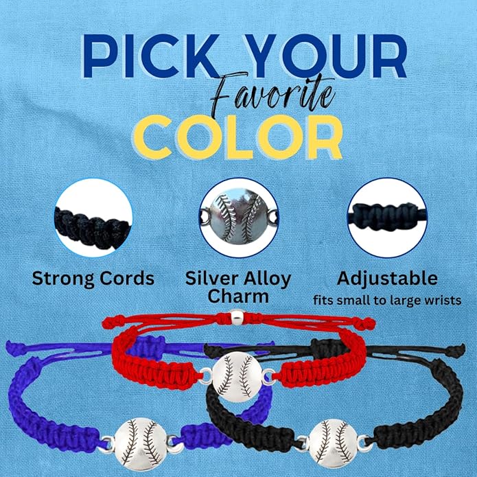 Sportybella - Baseball Bracelet, Baseball Jewelry, Adjustable Braided Baseball Bracelet, Baseball Gifts, Baseball Accessories