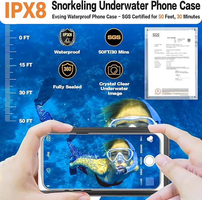 Waterproof Phone Case, Underwater Phone Cases for Snorkeling, IPX8 Diving Case, 360 Full Body Protection for iPhone 16 Pro Max/15/14/Galaxy S24, Up to 6.9 Inch, Beach Cruise Essentials (Black)
