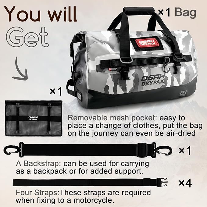 OSAH DRYPAK Waterproof Duffel Bag 25L/40L/60L – Heavy-Duty Motorcycle Tail Bag, Roll-Top Dry Bag for Travel, Camping, Boating, Kayaking, Outdoor Adventure
