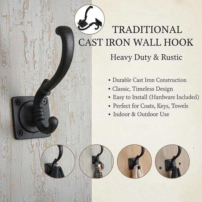 Mystic Colonial Medieval Wall Hooks Hand-Forged Black Coated | Rustic Heavy-Duty Hangers for Coats, Cloaks, Keys & Home Decor - Pack of 10
