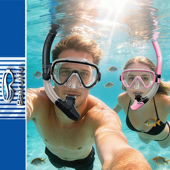 Bairuifu 2-Pack Snorkel Gear for Adults | Enhanced Anti-Fog & Anti-Leak Snorkeling Mask | Breath-Free Dry Snorkel | 180° Panoramic View with Quick-Dry Bags