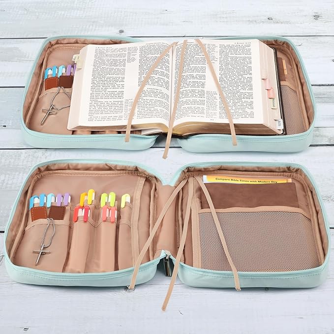FINDCOZY Bible Cover for Women, Durable Carrying Book Case Church Bag for Biblical Accessories with Handle and Zippered Pocket, for Scriptures, Taslan Blue