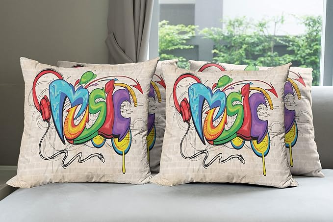 Ambesonne Music Throw Pillow Cushion Case Pack of 4, Illustration of Graffiti Style Lettering Headphones Hip Hop Theme on Beige Bricks, Modern Accent Double-Sided Digital Printing, 18", Tan Green