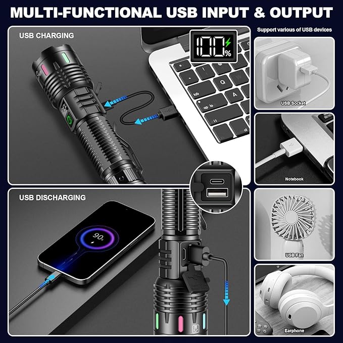 Esgreen Rechargeable Flashlights High Lumens 100000 Single 2 Modes, Super Bright LED Flashlight USB C Long Distance 3280ft, Powerful Long Lasting 10H Heavy Duty Strong Flash Light for Camping Hiking