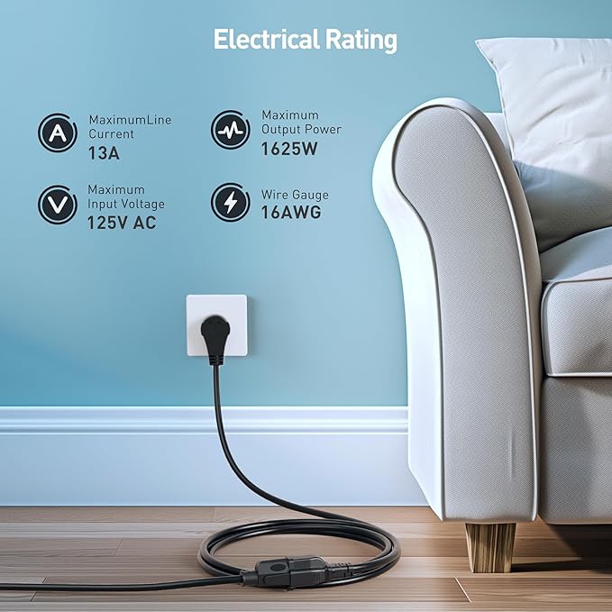 [ETL Listed] Cable Matters 2-Pack 16 AWG 360° Rotating Flat Plug Extension Cord - 10ft, 13A/1625W, Low Profile 3 Prong Power Extension Cords, NEMA 5-15P to NEMA 5-15R, Black