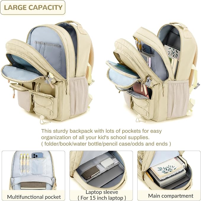 Lohol Water Resistant Backpack with Mulitiple Pockets for School Travel Outdoor College, 15.6 inch Laptop Bookbag for Girls and Women (Beige)