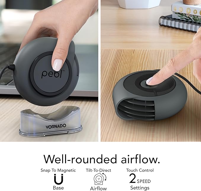 Vornado PEBL Portable USB Desk Fan with Magnetic Base, 2 Speed Settings, Adjustable Airflow, Personal Cooling Device, Mini Travel Fan for Home, Office and Travel