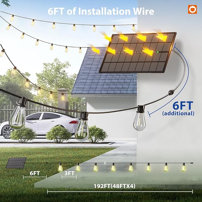 addlon 198FT(192+6) Solar String Lights Outdoor Waterproof 6W Panel with USB Port & Remote Control Solar Powered Patio Lights for Outside with 68 LED Dimmable Bulbs for Porch Garden Deck Halloween