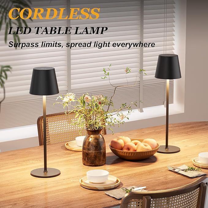 Kakanuo Cordless Table Lamp Rechargeable Black - KK 2 Pack 5000mAH Battery Operated Lamp for Counter, 3 Color Stepless Dimming Wireless Lamp for Dining Kitchen, Outdoor Patio, Touch Control