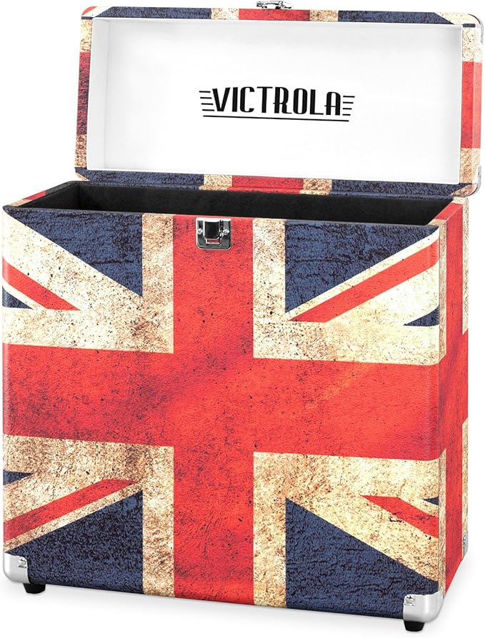 Victrola Collector – Record Storage Case – Holds 30+ Vinyl Turntable Records, Heavy-Duty Hardware, Hinges, & Smart Metal Corners, Portable with Easy-Carry Handle (UK Flag)