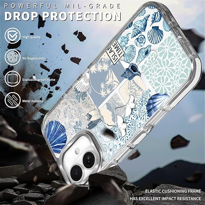 Case for iPhone 16 Plus,[Compatible with MagSafe],Sea Life Ocean Waves Seashell Collage Phone Case Design，for Women Girls Magnetic Clear Cover - Slim, Sleek, & Shockproof Protection