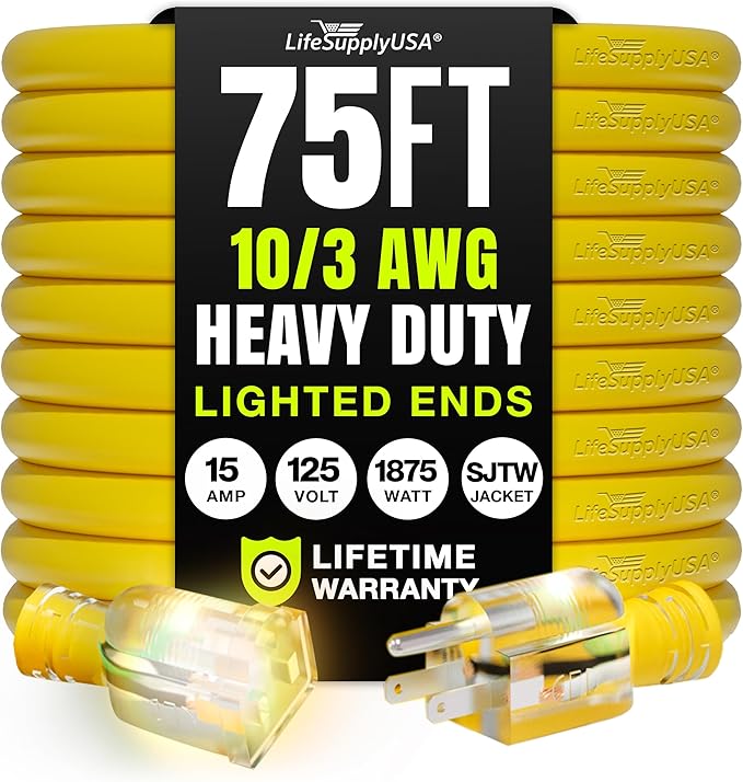 75ft Outdoor/Indoor Extension Cord 10/3 Gauge Ultra Heavy Duty 3 Prong SJTW, Waterproof, Flexible Cold-Resistant Long Power Cord,15A 125V 1875W, Yellow by LifeSupplyUSA