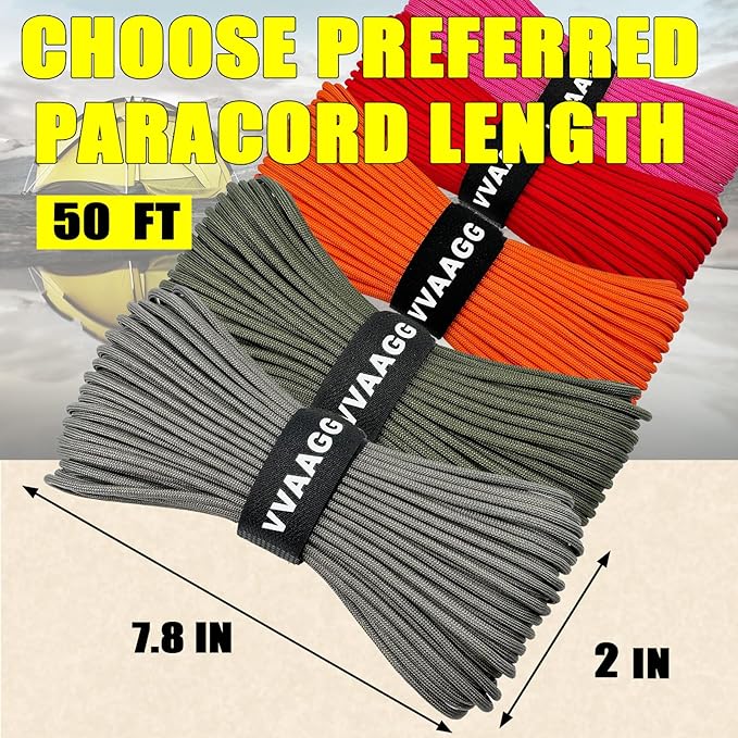 VVAAGG 1000 Paracord Rope, 50ft 12 Strand Parachute Cord for Crafting, DIY Projects, Survival Bracelets, Camping, Tent, Clothsline, Outdoor Hiking, Fishing (Gray, 50FT)