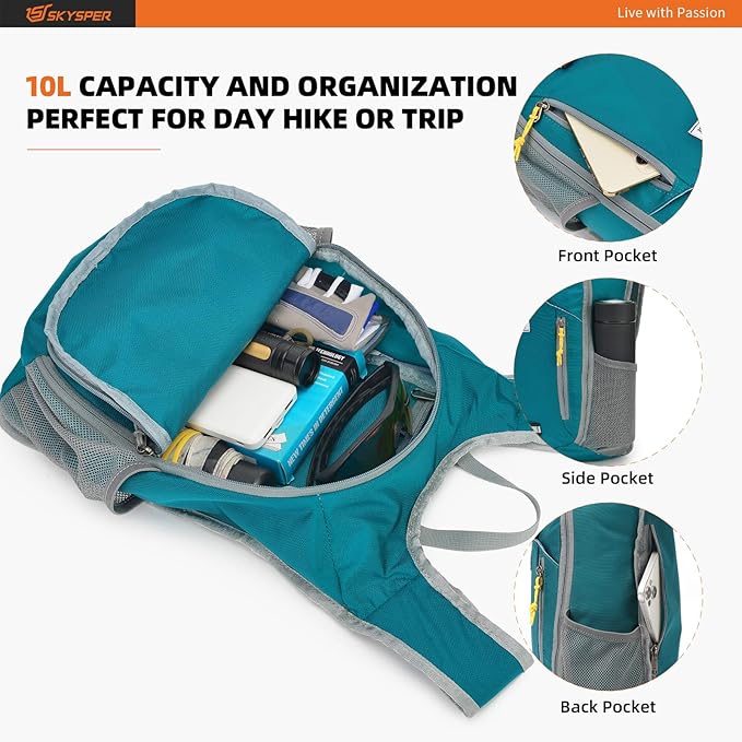 SKYSPER 10L Hiking Backpack Small Hiking Daypack Packable Lightweight Travel Day Pack for Women Men(Cyan)
