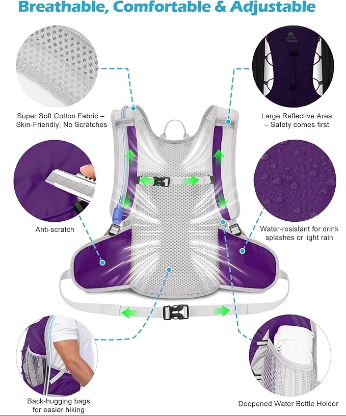 Hydration Backpack with 2L Water Bladder - Lightweight 15L Daypack with Phone-Sized Hip Belt Pockets, Anti-Chafe Cotton Edging & No-Bounce Straps - Small Water Backpack for Hiking, Running, Skiing