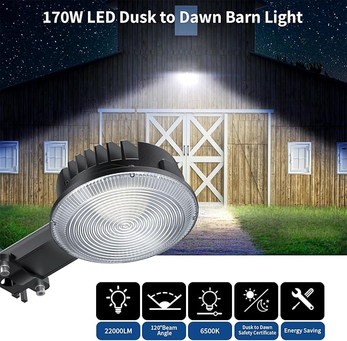 Olafus 170W LED Barn Light, Dusk to Dawn Outdoor Lighting with Photocell, 22000LM Brightness Area Street Outdoor Lights Fixture, IP65 Waterproof 6500K Daylight Exterior Security Flood Lights
