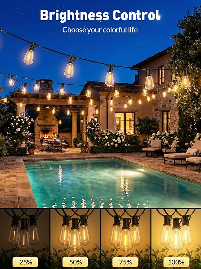 65ft-Solar-String-Lights-Outdoor-Waterproof-Solor-Powered-Patio-Light-Hanging-Outside-Backyard-Camping-Yard-Gazebo-Garden-Pergola-Bistro-Balcony-Cafe-Party-Fence-Lighting-LED with Edison Bulb & Remote