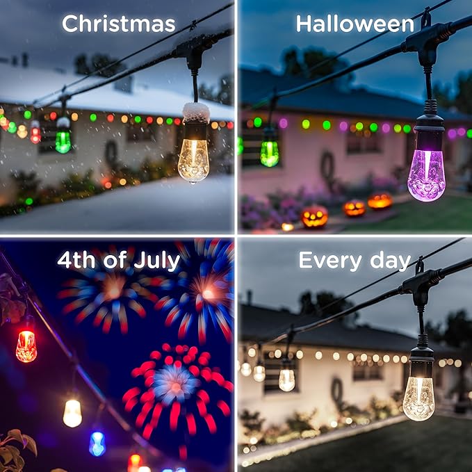 Enbrighten Vibe Vintage Outdoor String Lights Gen 2, 48ft, 24 RGBWIC Acrylic Bulbs, Weatherproof, Perfect for Gameday, Holidays, and More, Smart App Control, Compatible with Alexa, Google Home, 86128
