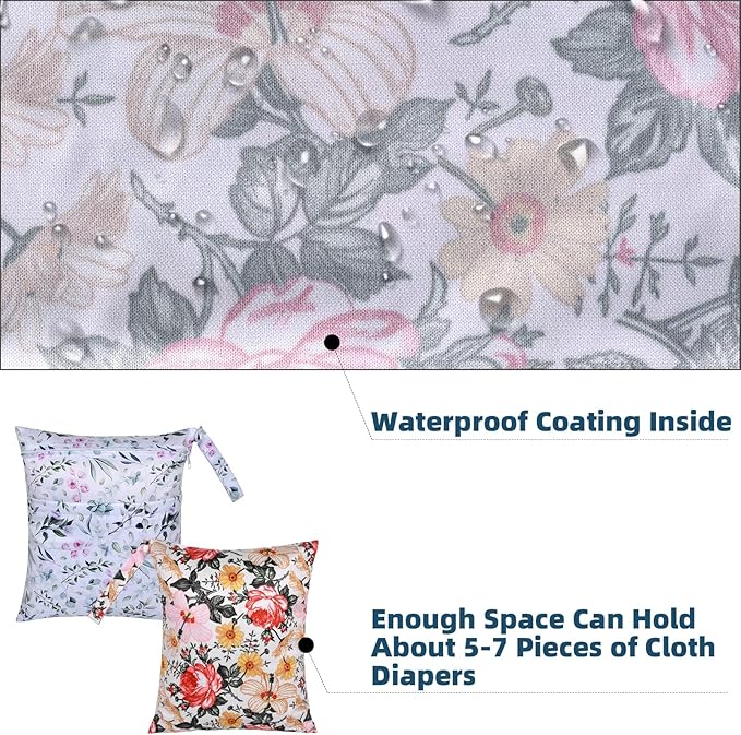 2 Pcs Wet Dry Bags for Baby Cloth Diapers,Washable Travel Bags,Beach,Pool,Gym Bag for Swimsuits or Wet Clothes with 2 Pockets-Floral