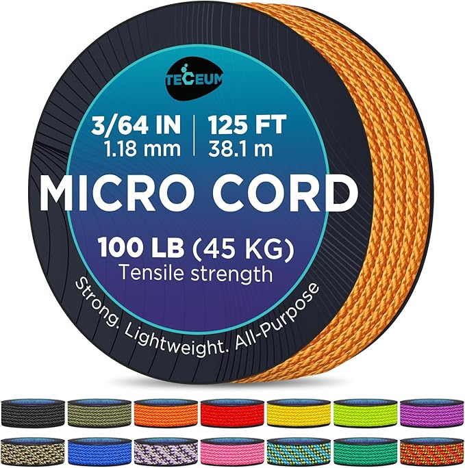 TECEUM Micro Paracord – 1.18 mm X 125 ft – Micro Utility Cord – Thin Braided Paracord Rope – Best for Crafting, DIY Projects, Fishing, Camping – Wind Chime Replacement – Survival Strong String