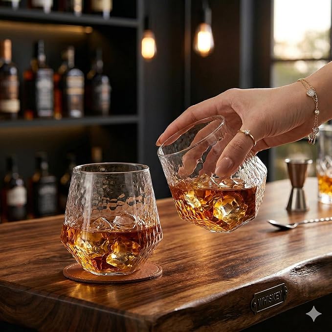 Oojami 40 count Diamond Unbreakable Stemless Plastic Wine Champagne Whiskey Glasses Elegant Durable Disposable Indoor Outdoor Ideal for Home, Office, Bars, Wedding, 12 Ounce Cups (Hammered Clear)