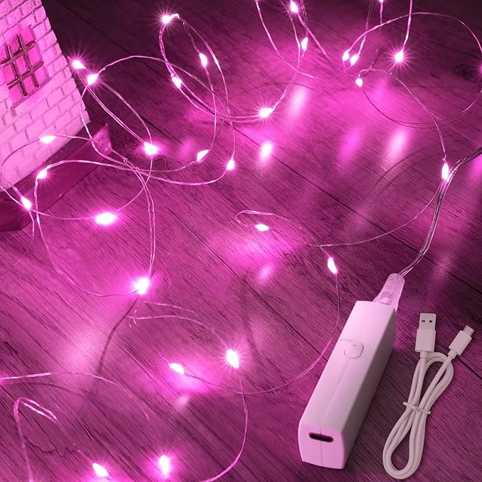 Lakumu Rechargeable String Lights Battery Operated, Battery Powered Copper Wire Fairy Lights with Timer, Mini LED Twinkle Lights for Bedroom, Christmas, Wedding, Centerpiece Table Decor (5M/16FT Pink)