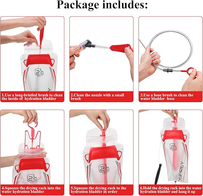 Patelai 2 Set 8 in 1 Hydration Bladder Cleaning Kit Includes 3 Different Brushes and Drying Collapsible Bladder Frame, Water Reservoir Backpack Cleaning Kit