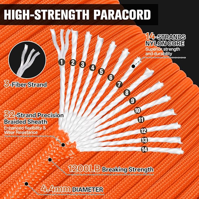 1200 Paracord Rope - 4.4mm 14 Strand Nylon Parachute Spool para Cord Lanyard for Outdoor Camping Survival Utility Tent Crafting DIY Projects Fishing Clothsline Bracelet - Orange 200FT