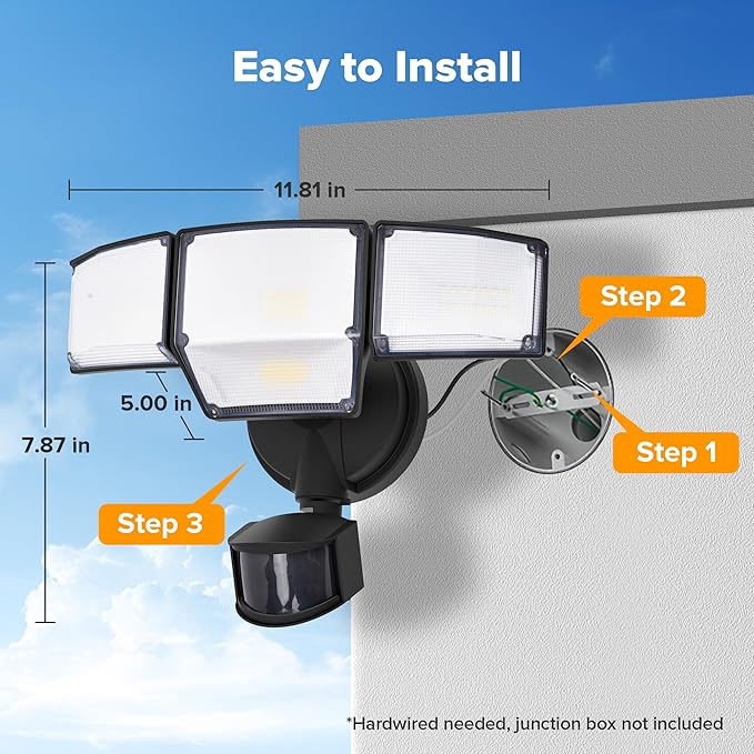 LUTEC 80W 9000LM LED Security Lights Motion Sensor Outdoor Lights, 4 Head LED Flood Lights Outdoor 5000K Daylight, IP65 Waterproof, Motion Detected Lights for Outside, Garage, Yard (Black) - 2 Pack