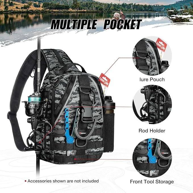 Piscifun Fishing Backpack with Rod Holder, Lightweight Sling Bag Storge Gear and Equipment