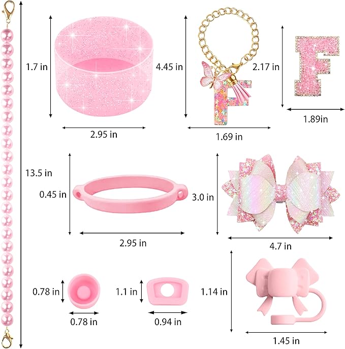 9PCS Pink for Stanley Cup Accessories Set Bling Initials Bow Charms for Stanley Decorations 30/40 Oz Tumbler Accessories Including Bow Straw Topper, Handle Strap, Spill Stopper（Letter F）