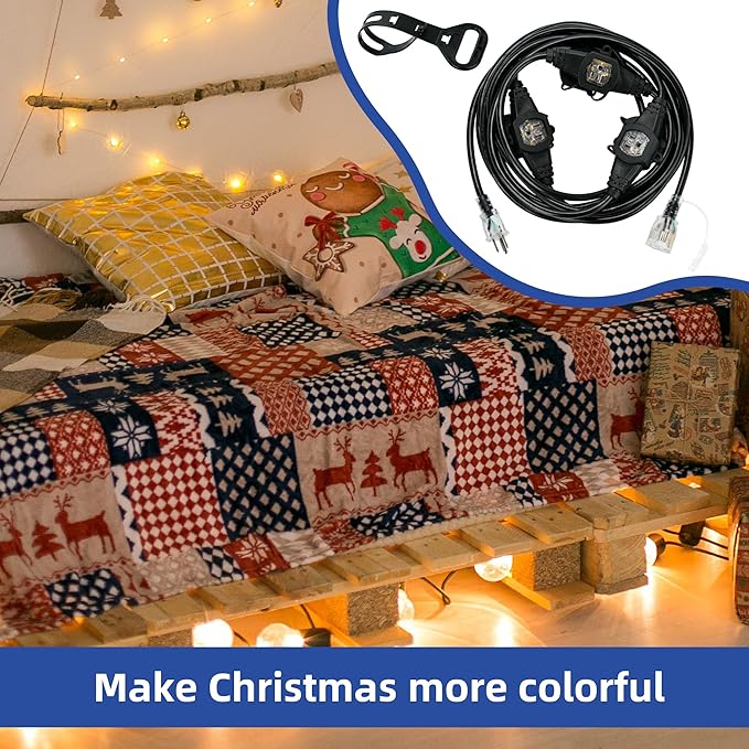 20FT 16 Gauge Multi-Outlet Outdoor Extension Cord, 4 Evenly Spaced Weatherproof Outlets, Great for Stage Backdrops, Landscape Garden Lighting, Christmas Decorations ETL