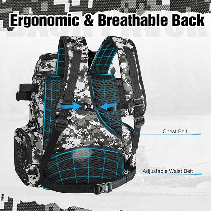 Piscifun Fishing Tackle Backpack with Rod Holders & 4 Tackle Boxes, 42L Outdoor Fishing Bag with Waterproof Rain Cover