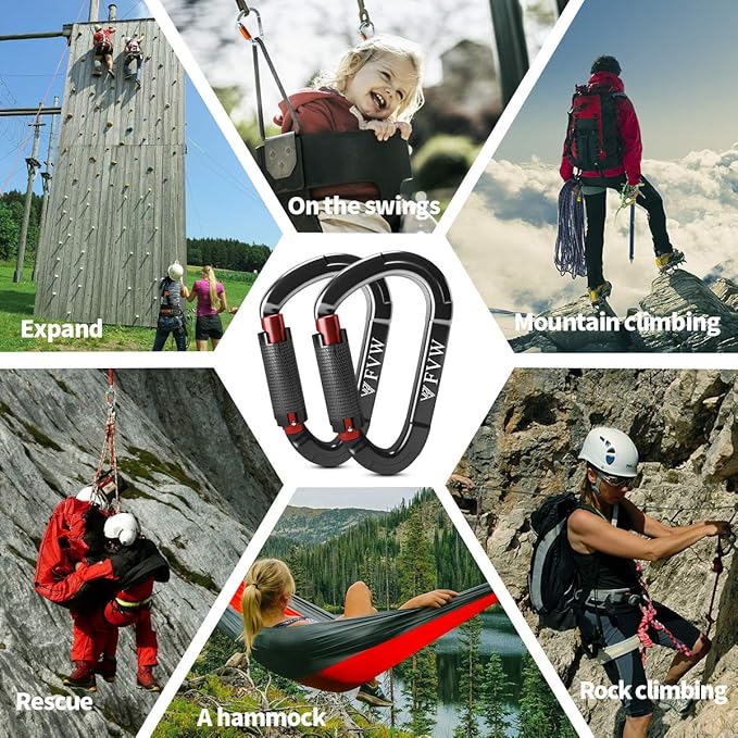 FVW Auto Locking Rock Climbing Carabiner Clips,Professional 25KN (5620 lbs) Heavy Duty Caribeaners for Rappelling Swing Rescue & Gym etc, Large D-Shaped Carabiners