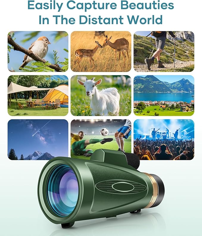 Monocular Telescope 12X60 HD High Power with Smartphone Adapter Tripod,Larger Vision Monoculars for Adults with BAK4 Prism & FMC Lens, Suitable for Bird Watching Hunting Hiking Camping Wildlife-Green