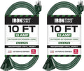 Iron Forge Cable 2 Pack 10ft Green Outdoor Extension Cord with 3 Outlets - 16/3 SJTW 10ft Extension Cord, 13 Amp All-Weather Heavy Duty Power Cable
