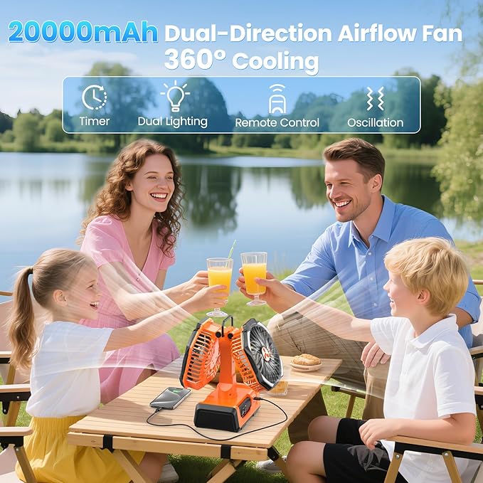 Dual Head Portable Rechargeable Fan 20000mAh Battery Powered Camping Fan Cordless with LED Lantern & Remote, Auto Oscillation, Hook, Battery Operated for Tent Office Travel Picnic Jobsite Orange