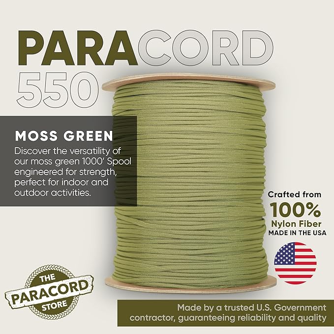 The Paracord Store | Type III 550 Paracord - 250 FT Spool, Moss Green | Heavy Duty 7 Strand Tactical Paracord - USA Made Nylon Outdoor Parachute Cord for Camping, Fishing & More - Survival Cord
