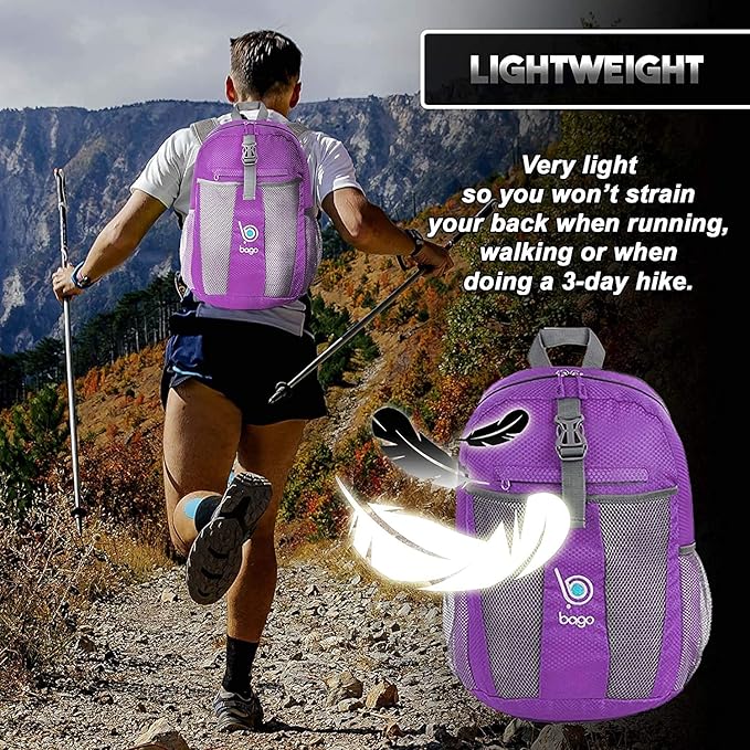 Bago Lightweight Small Hiking Backpack for Women and Men - 25L Travel Day Pack - Foldable Hiking Daypack Ultralight for Camping Outdoor Sports - Day Bag Packable Backpack for Travel (Purple)