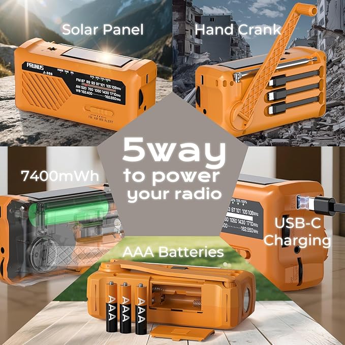 PRUNUS J-366 Emergency Radio with 3 Charging Cables, NOAA Weather Alert, 7400mWh/Solar/Hand Crank/USB-C Charging, Battery Operated, WB/AM/FM, SOS Alarm, Flashlight, Compact for Bag, NOAA Radio