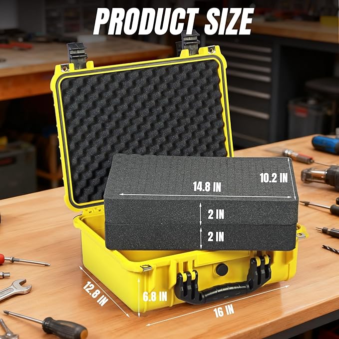 Jack Boss 16x 12.8x 6.8 Inch Hard Case, Portable Weather Waterproof Protective Camera Case with Customizable Foam, Fit Use of Drones, Camera, Equipments, Yellow